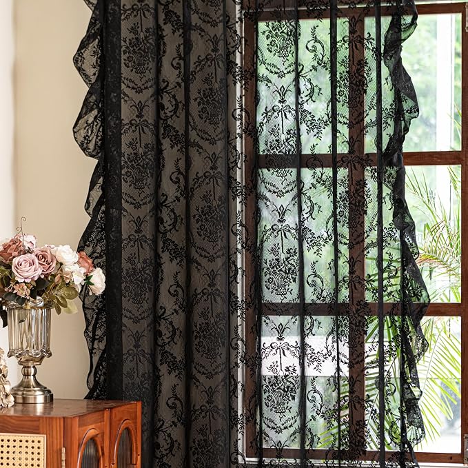 Deeprove Black Lace Curtains 63 Inch Length Set of 2 Panels Pair - Image 2