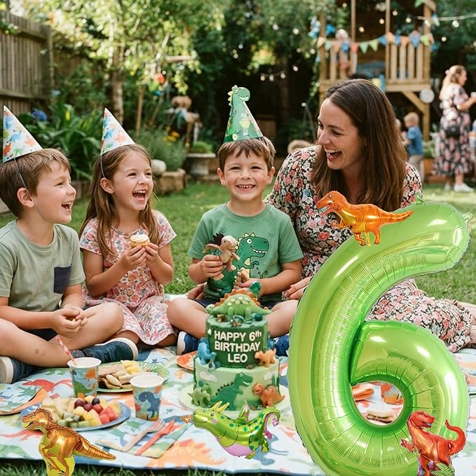 Dinosaur 6th Birthday Decorations 40 Inch Giant Green Number 6 Foil Balloon | - Image 5