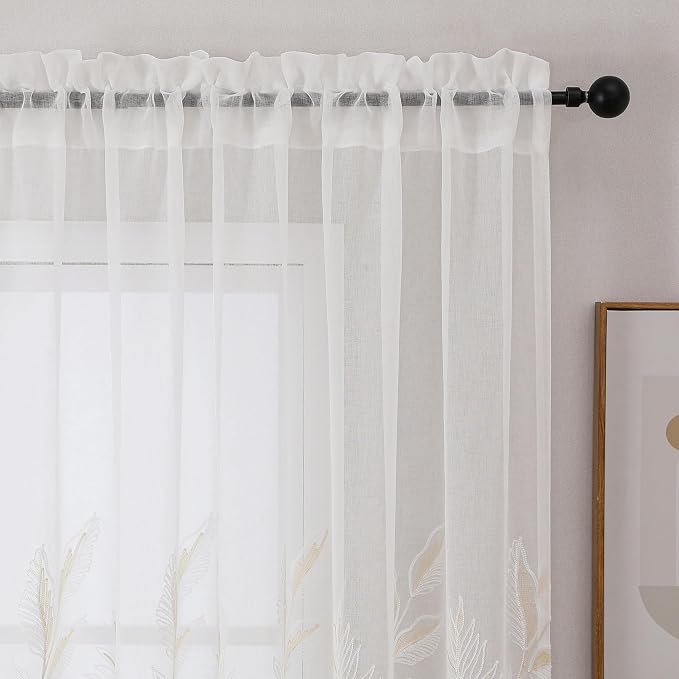 White Sheer Curtains Beige Embroidered Leaf 2 Panels 96 Inches | Light - Image 3