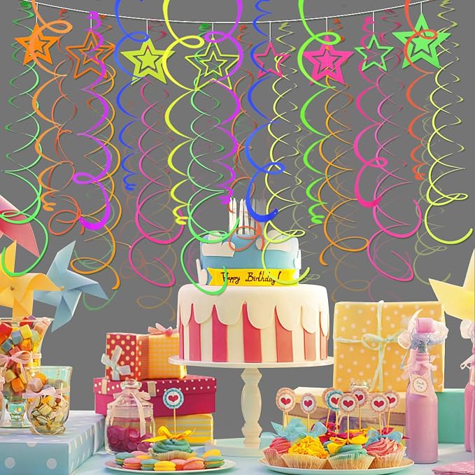 56 PCS UV Colorful Ceiling Swirl Decoration Hanging Paper Neon Streamer - Image 5