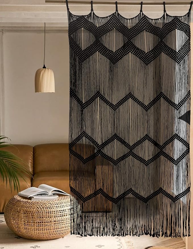Macrame Curtain Handmade Black Boho Doorway window Divider 42"W*76"L | Soft by FLBER