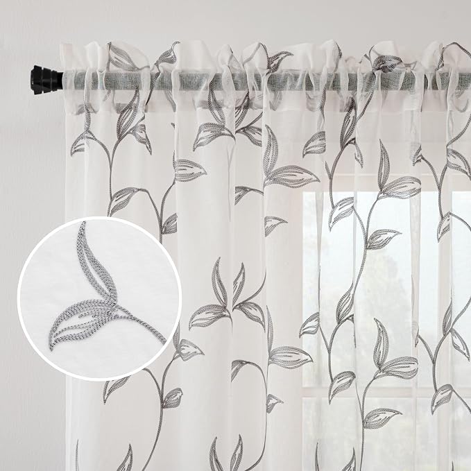 Sheer Curtains Boho Leaf Floral Embroidered Grey 54Wx72L | Light Filtering Semi - Image 3