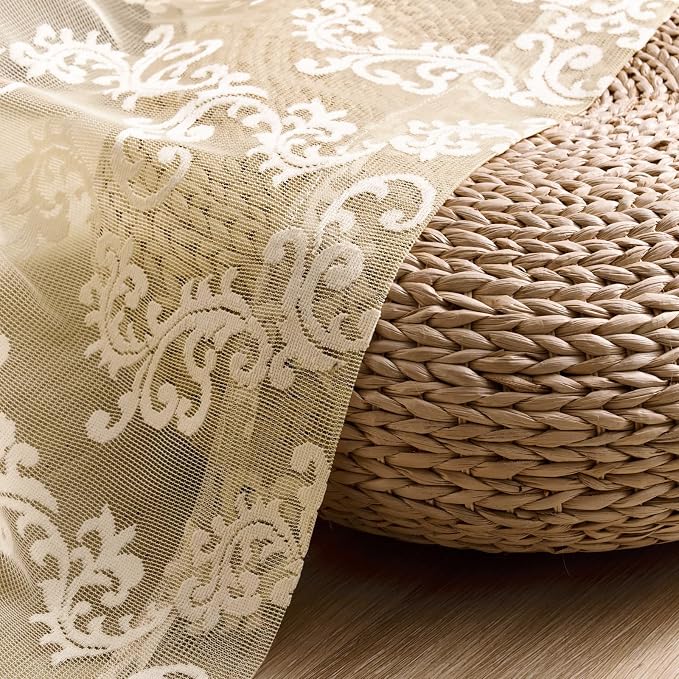 Beige Lace Curtains 96 Inches Long 2 Panels Paisley Floral Sheer Curtains - Image 7