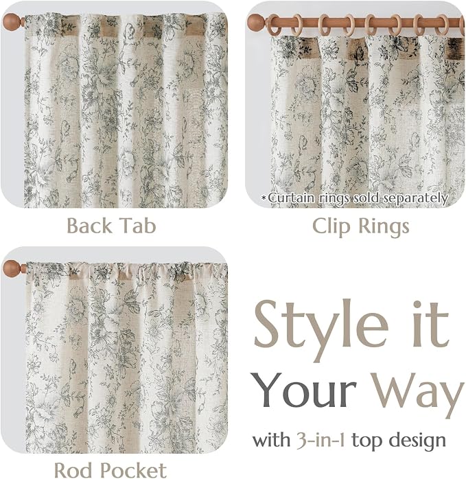 jinchan Gray Floral Linen Curtains Lined 96 Inch Vintage Back Tab 2 Panels | - Image 6