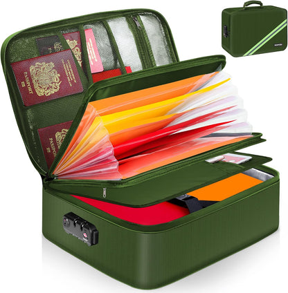 Noiposi Important Document Organizer, Waterproof and Fireproof Document Box with 7 Pockets File Folder,Portable Home Fire Safe Storage Box Case with Lock for Documents,File and Card,Green