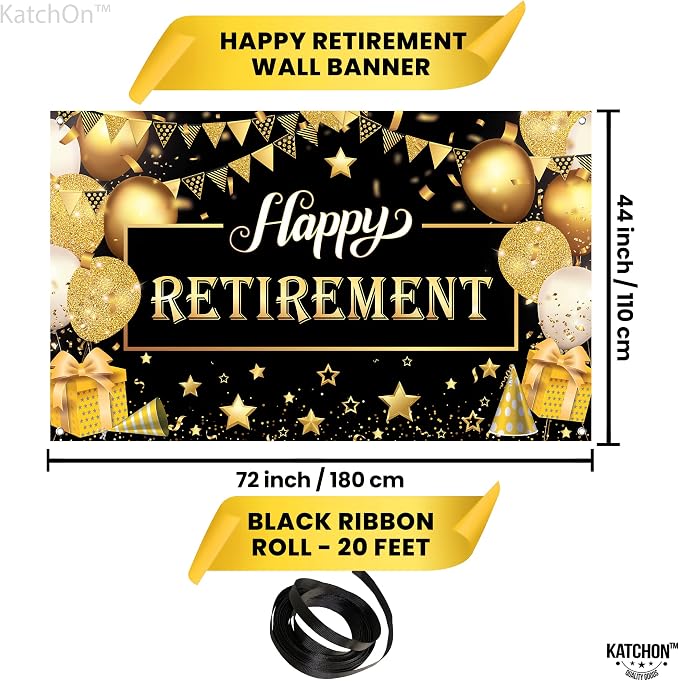Katchon Happy Retirement Banner 72x44 Inch | Black & Gold, Wall Banner - Image 4