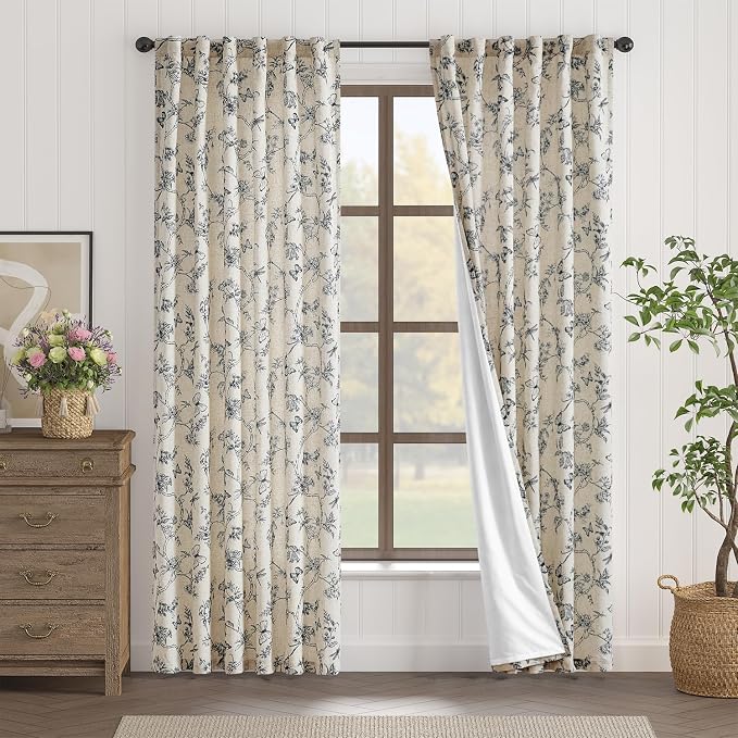 Black Floral Linen Lined Curtains Rod Pocket 50W X 84L 2 Panels | Charlotte - Image 2