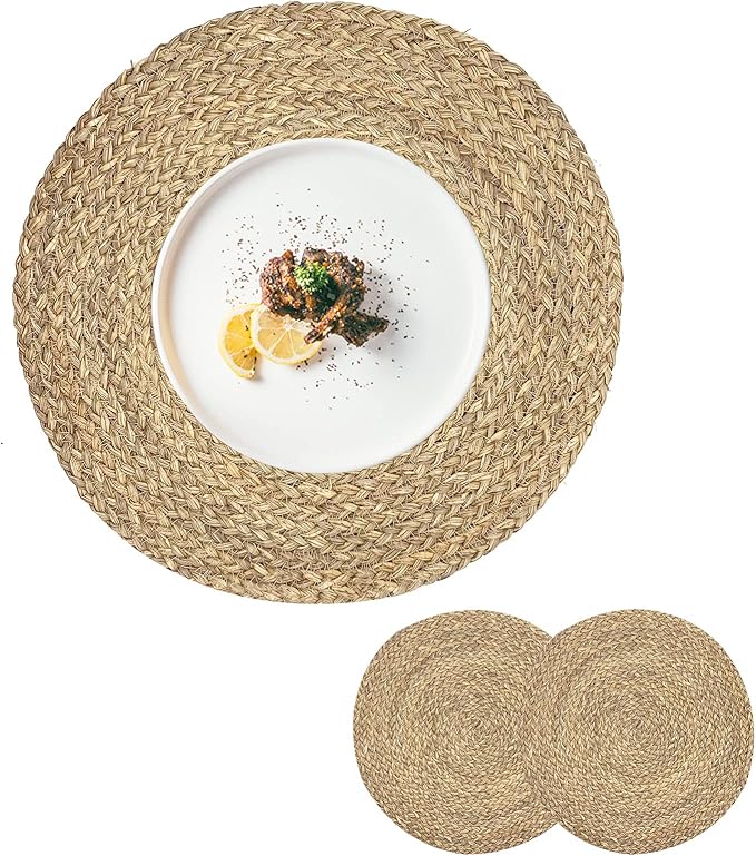 Woven Placemats for Dining Table Set of 2, 100% Natural Straw, Rustic Round by CYSISTERS