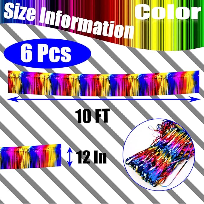 6 Pack 10 Feet Foil Fringe Garland Metallic Tinsel Streamers Banner Wall Hanging Curtain Backdrop Banner for Parade Floats, Thanksgiving, Christmas, Birthday, Halloween Party Decorations(Rainbow)