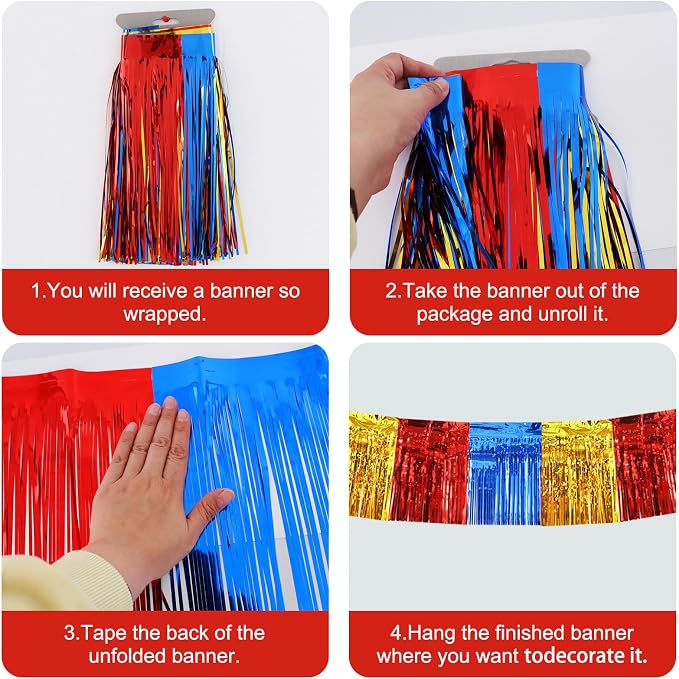 BEISHIDA Red Blue Gold Fringe Garland Banner 30ft Wall Tinsel Foil Streamer | - Image 2