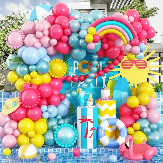 155 Pcs Summer Rainbow Balloons Arch Kit, Hot Pink Teal Blue and Yellow Neon by Jobkoo