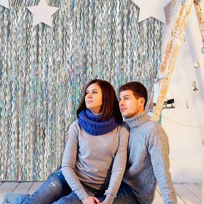 2 Pack Silver Backdrop Curtain Tinsel Streamers Sparkle Metallic Wavy Foil - Image 6