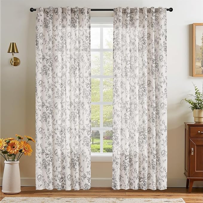 jinchan Black Floral Linen Curtains 90 Inch Vintage Back Tab 2 Panels | Light - Image 7