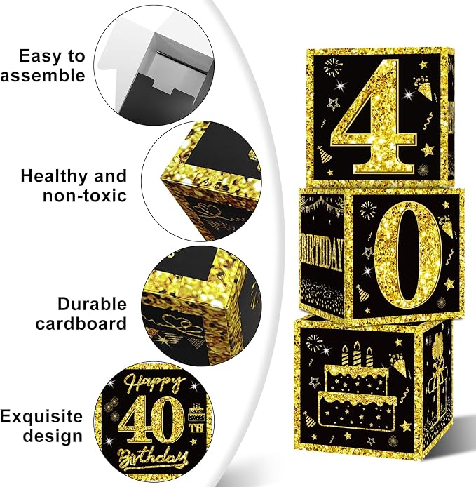 Eiurteao 3pcs Black Gold 40th Birthday Decorations Boxes - Image 5