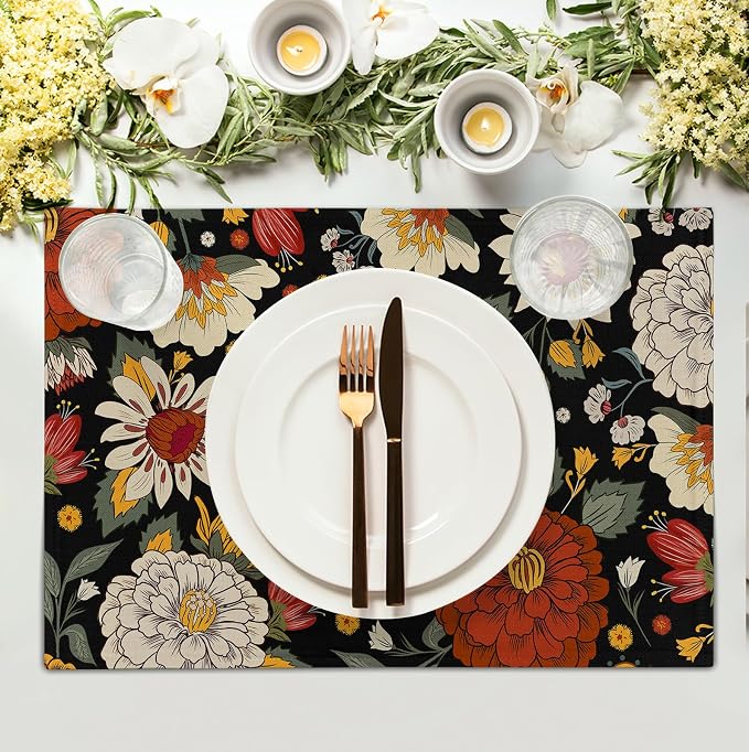 Black Boho Floral Placemats Set of 4 Spring Summer Vintage Flowers Botanical - Image 3