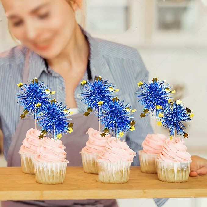 30 PCS Foil Firework Cupcake Toppers Happy Birthday Star Cupcake Picks Sparkle - Image 7
