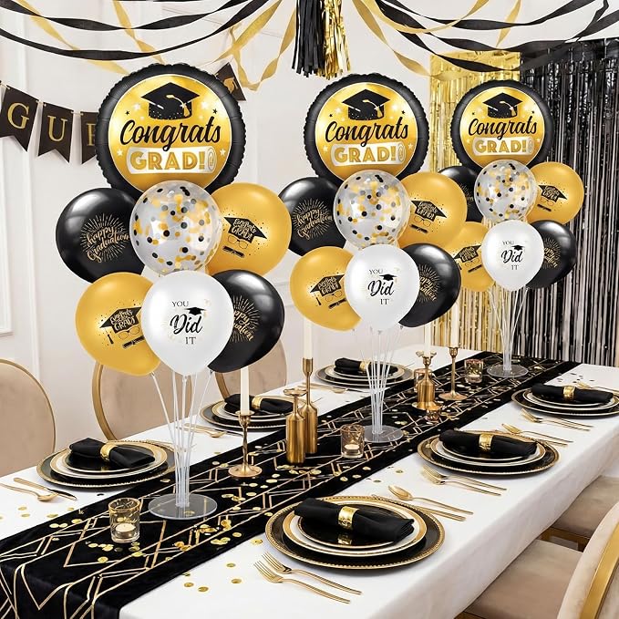 Kasyat 4 Set Glod and Black 2026 Graduation Table Centerpiece Balloon Stand Kit - Image 2