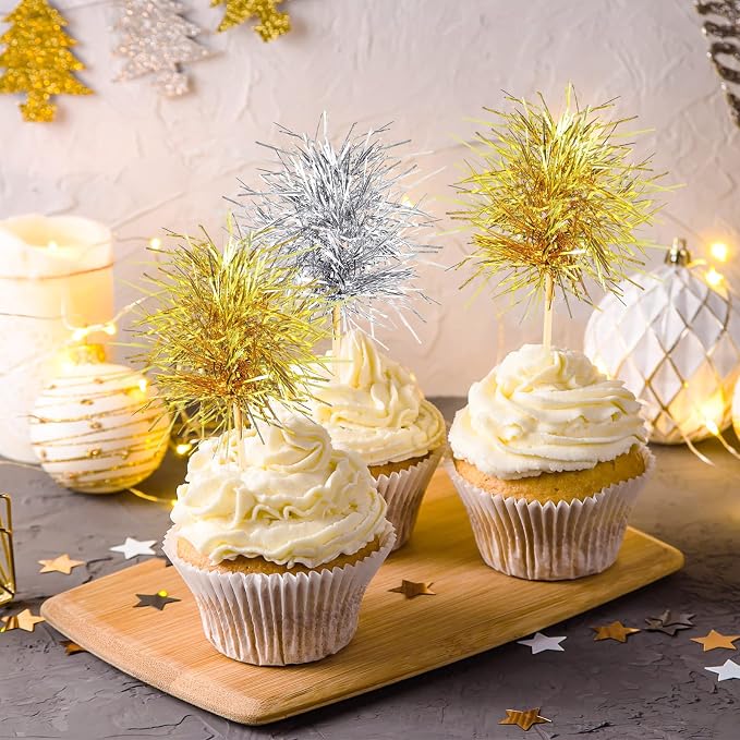Chinco 100 Pcs Foil Firework Cupcake Toppers Gold and Silver Sparkle Tinsel - Image 5
