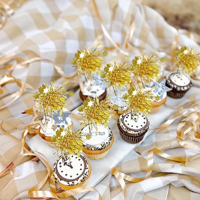 Gyufise 30Pcs Star Foil Firework Cupcake Toppers Sparkle Tinsel Cake Toppers - Image 5