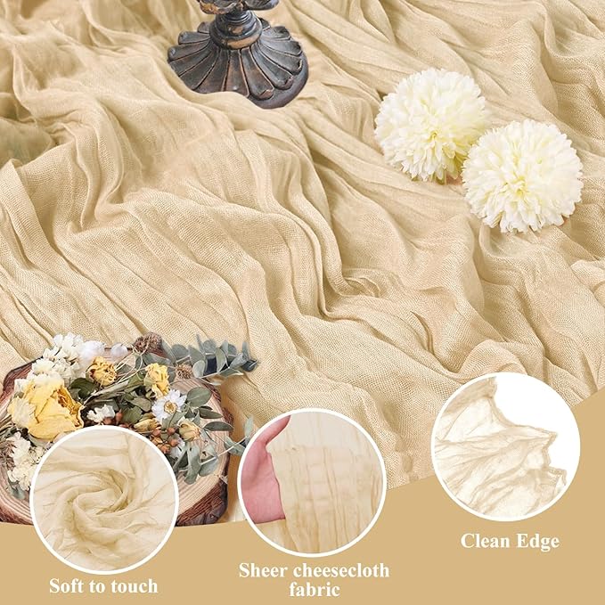 Asee'm 6pcs Cheesecloth Table Runner 120 Inches Long Sand Boho Gauze Cheese Cloth Runner 10FT Rustic Sheer Table Runners for Christmas Wedding Party Baby Shower Spring Easter Decoration