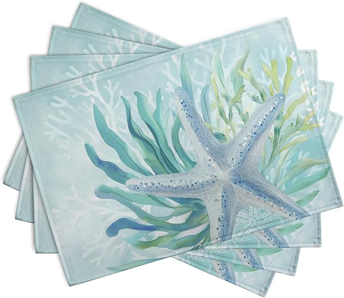 Nautical Coastal Placemats Set of 4 Ocean Coral Starfish Seagrass Beach Theme - Image 2