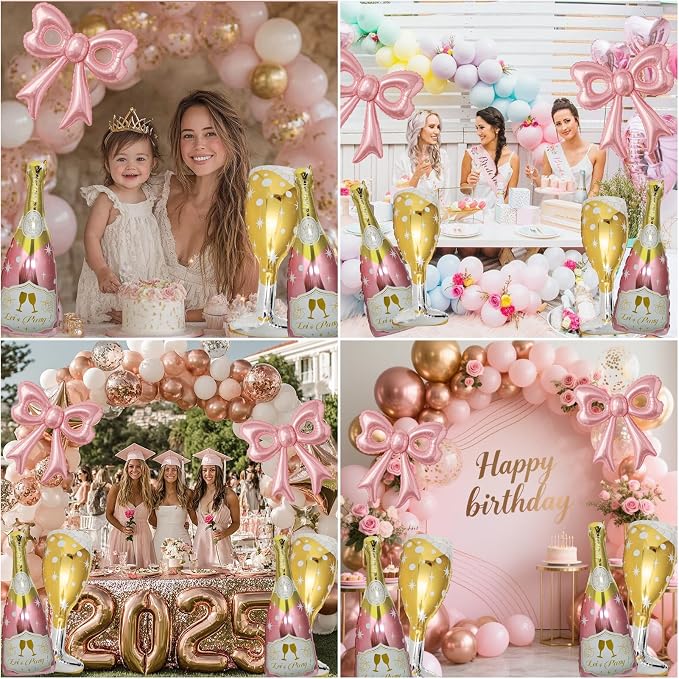 6 Pcs Pink Bow Balloons, Huge Rose Gold Champagne Bottle Goblet Aluminum Foil - Image 5