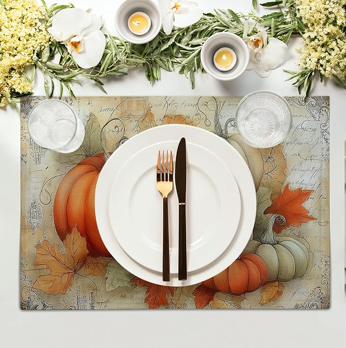 Fall Pumpkin Placemats Set of 4 Vintage Autumn Maple Leaf Seasonal Place Mats - Image 3