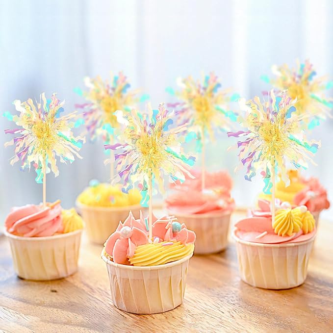 30 PCS Foil Firework Cupcake Toppers Sparkle Tinsel Cupcake Picks Happy - Image 5