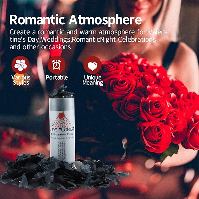 CODE FLORIST 1100 PCS Black Silk Rose Petals for Valentine's Day,Romantic Night,Wedding,Proposal Anniversary Flower Decorations(Separated,Scented)