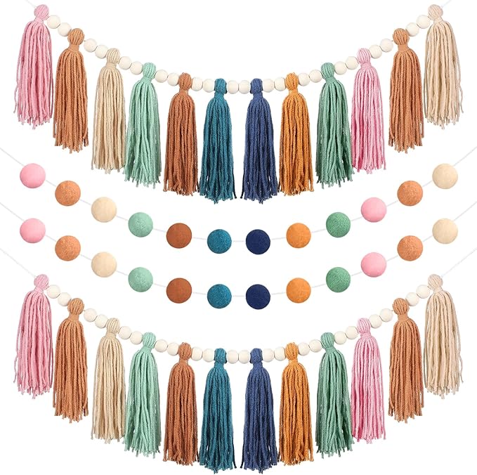 Tenceur Boho Tassel Garland and Pom Pom Banner Set- 4 Pcs Rainbow Wall Decor by Tenceur