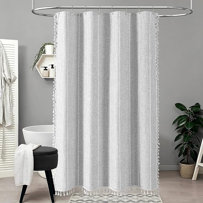 54 x 72 Boho Linen Heavy Duty Cloth Shower Curtain Set, 330GSM Linen Blend - Image 6
