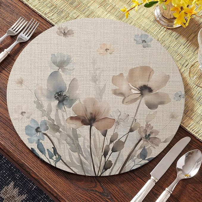 Artoid Mode Brown Poppy Floral Round Placemats Set of 4, 14 Inch Washable - Image 7