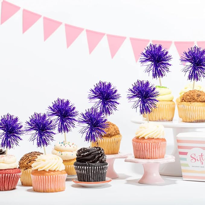 Gyufise 30Pcs Foil Firework Cupcake Toppers Sparkle Tinsel Cake Toppers Tinsel - Image 4