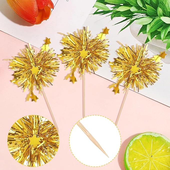 30 PCS Foil Firework Cupcake Toppers Star Cupcake Picks Sparkle Tinsel Flower - Image 3