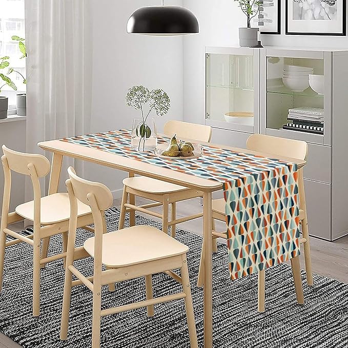Mid Century Table Runner, Modern Style Retro Pattern Droplet Shapes Mosaic Tones Pattern Print for Home Kitchen Table Decor Dining Coffee Room Party Decor 13x36in