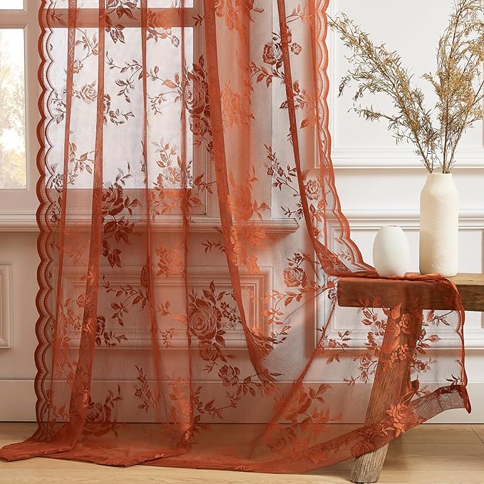 Rust Lace Curtains 72 Inch Length Autumn Country Rustic Floral Curtains by SEEKRIGHTHomeDecor