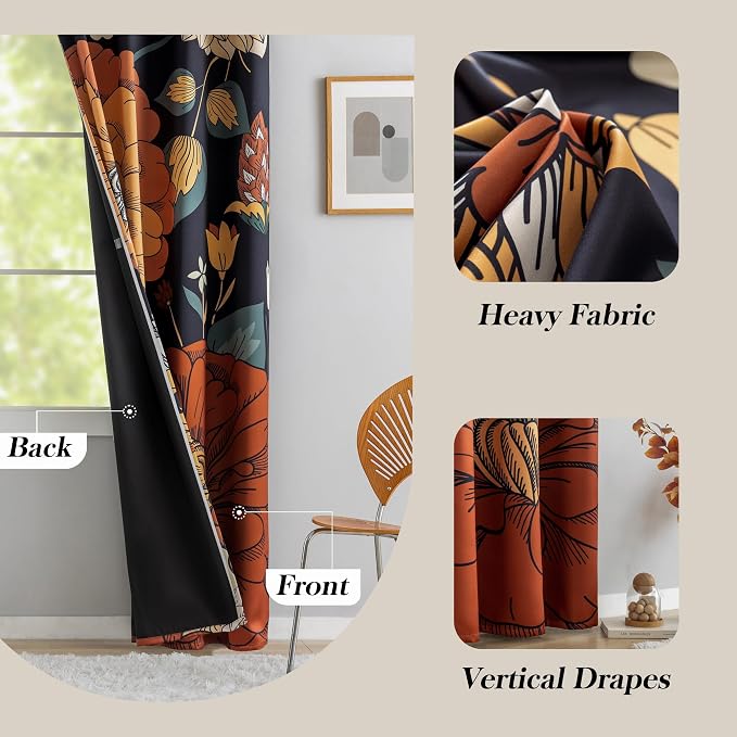 Tyrot Black Boho Floral 100% Blackout Curtains - Image 5