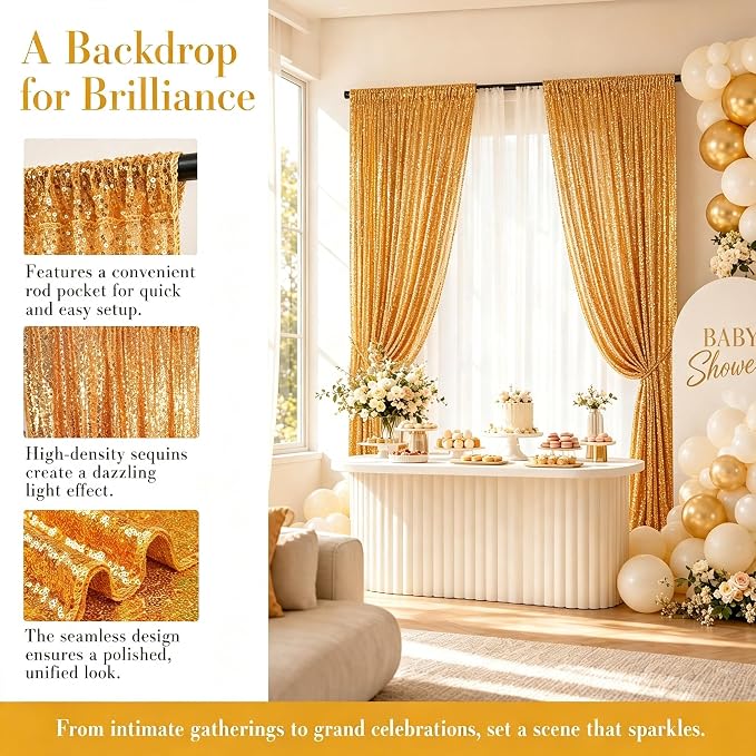 ShinyBeauty Gold Sequin Backdrop Curtain 2 Panels 4x7ft Party Background | 4" - Image 3