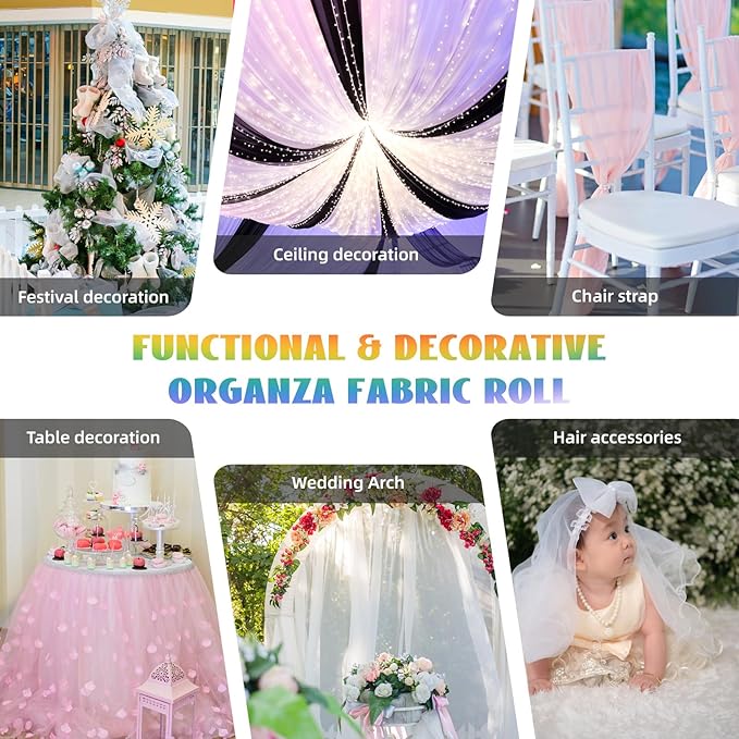 Crystal Organza Fabric Tulle 11 Inch by 50 Yards Sheer Tulle Rolls for DIY Craft Wedding Party Baby Shower Decor Gift Wrapping Party Supplies (Fantasy White)