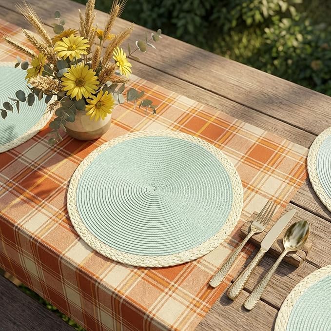 Round Placemats Set of 8, Woven Table Mats, Mint Green | Braided Paper Edge - Image 4