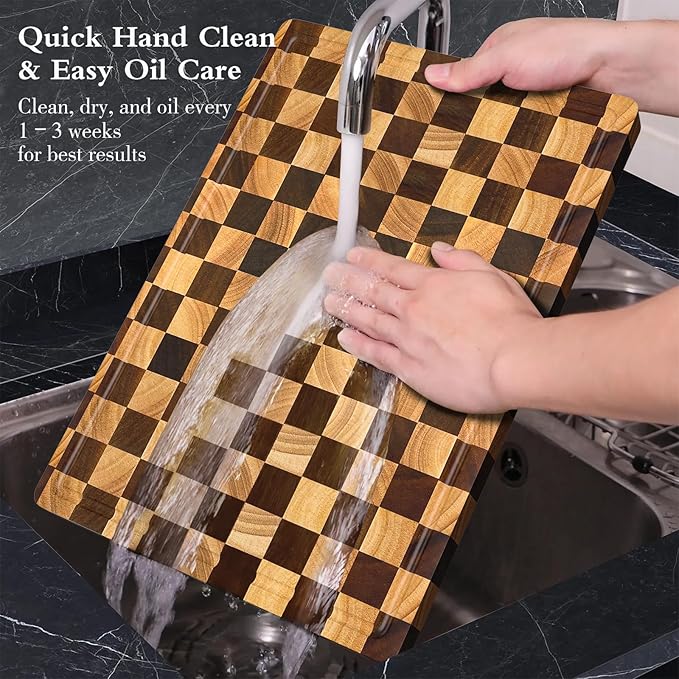 Checkered Cutting Boards for Kitchen, Wood Cutting Board Sets, Walnut Rubber & Wooden Chopping Boards with Anti-Slip Base and Guide Groove, Chessboard Carving Used for Cutting Vegetables Fruits & Meat