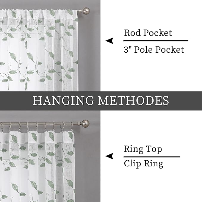 Tollpiz Sage Green Leaf Sheer Tier Curtain Kitchen 30 x 36 Inches | Leaves - Image 5