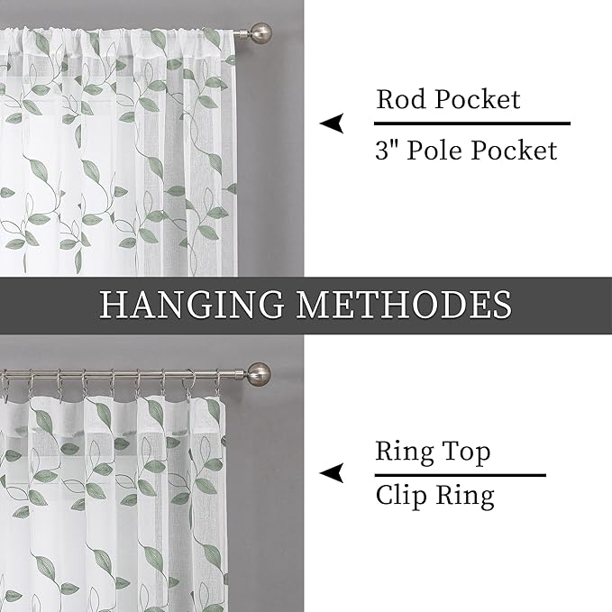 Tollpiz Sage Green Leaf Sheer Tier Curtains Leaves Embroidered Kitchen Short - Image 5