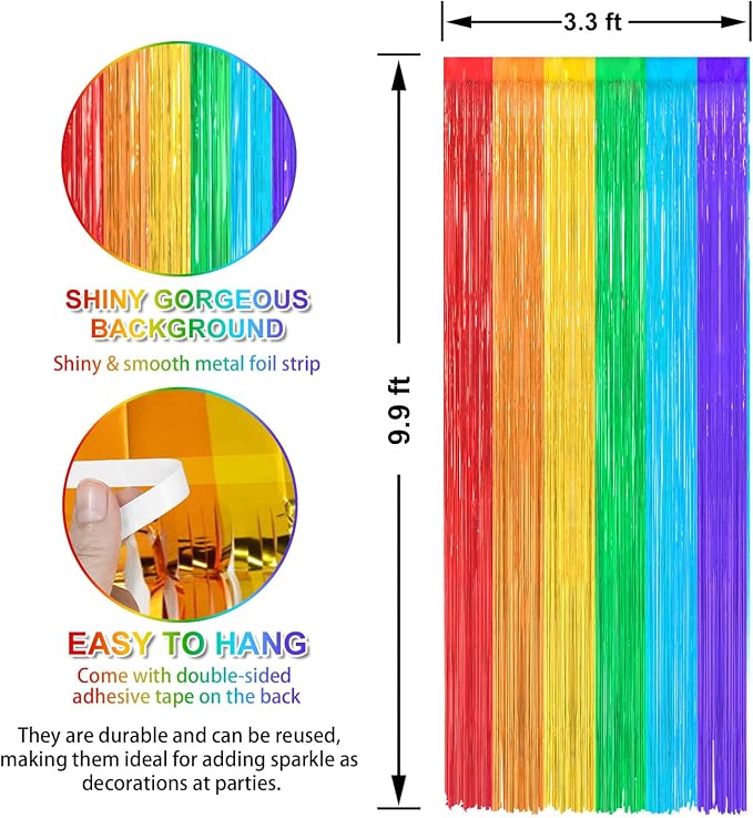 Crosize 2 Pack Rainbow Party Streamers Backdrop, 3.3 x 9.9 ft | Tinsel Foil - Image 3