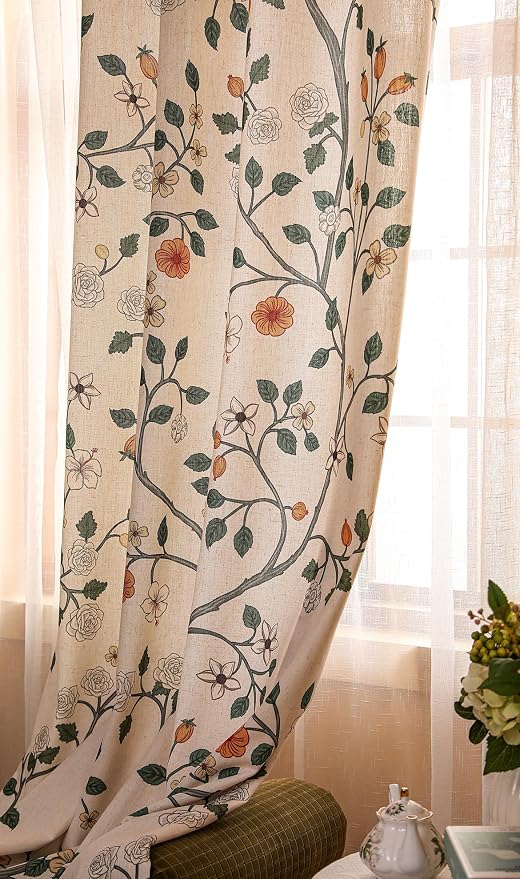 Designer Elegant Linen Printed Curtains, 2 Panels, Floral Pattern Draps - Image 8