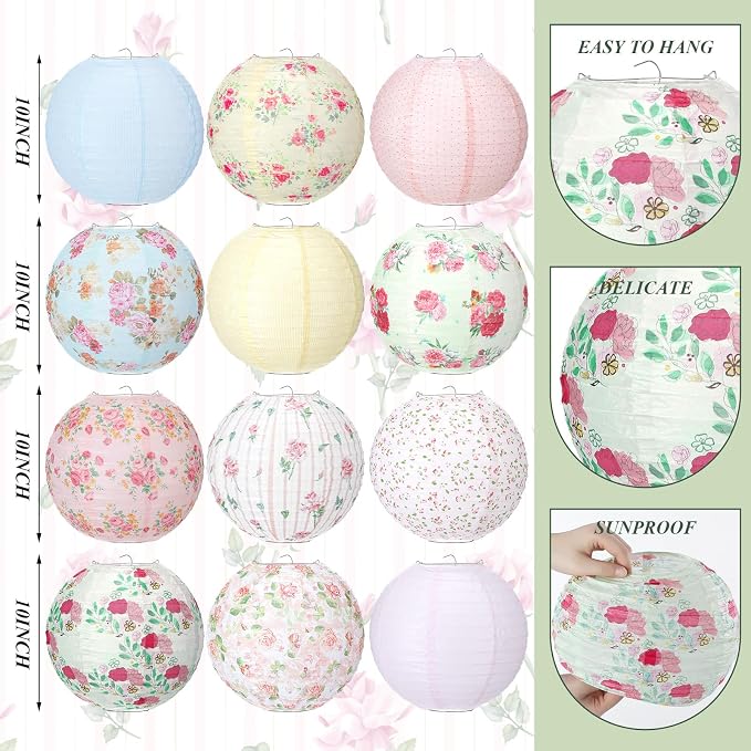 Baquler 12 Pcs Floral Paper Lanterns Tea Party Decorations 10 Inch Wildflower - Image 2