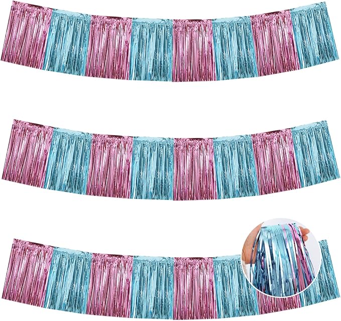 BEISHIDA Pink Blue Fringe Garland Banner 30ft Wall Tinsel Foil Streamers | 3Pack by Beishida