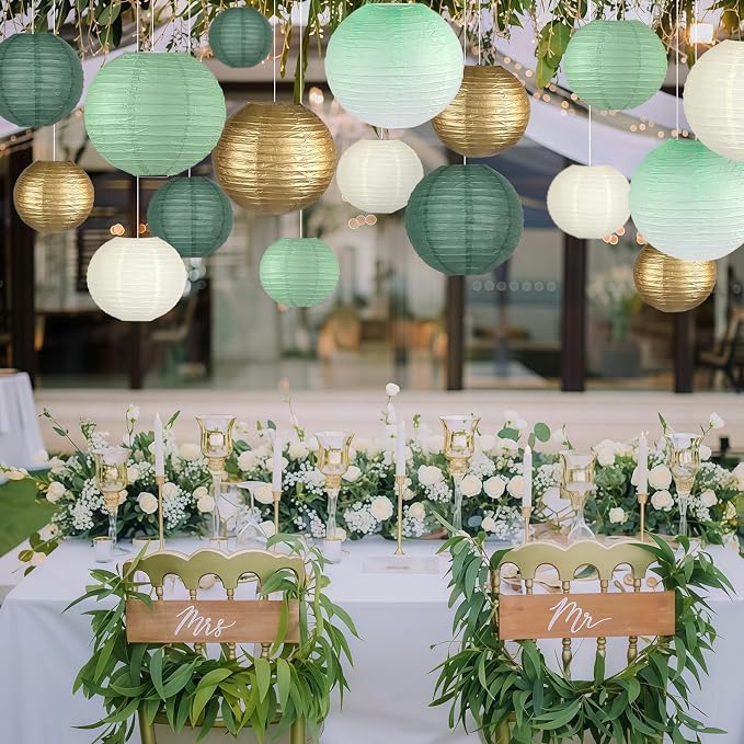 15-Pack Sage Green Gold Paper Lanterns, Hanging Classroom Decor | 6, 10 Inch - Image 5