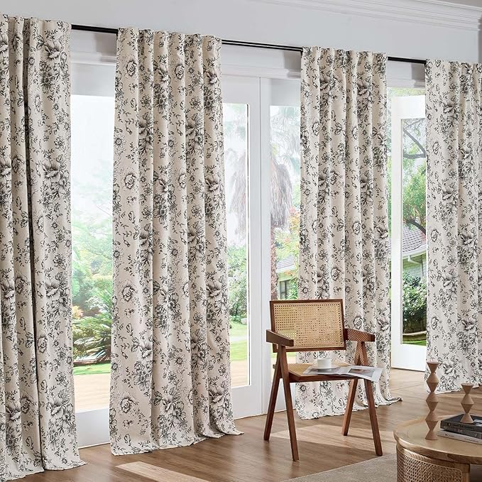 jinchan Black Floral Linen Blackout Curtains 84 Inch Back Tab 2 Panels | - Image 7