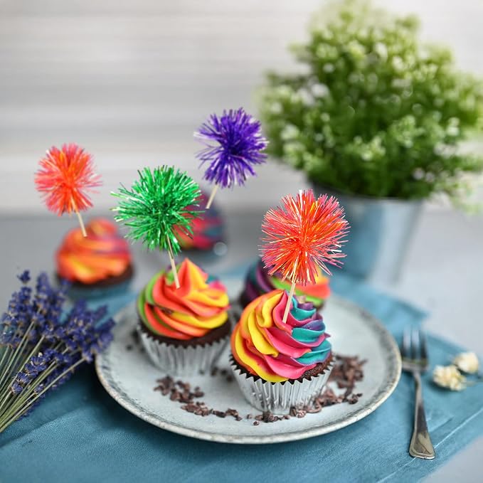 Gyufise 30Pcs Foil Firework Cupcake Toppers Sparkle Tinsel Cake Toppers Tinsel - Image 6